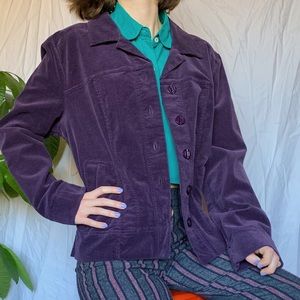 Corduroy jacket stretchy button up collar pockets dark purple